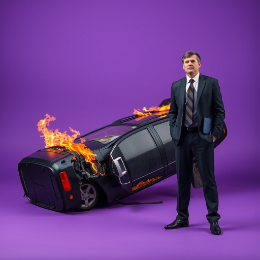 A businessman in a disheveled suit stands in shock next to an overturned black car engulfed in flames on a minimalistic purple background, shot with a DSLR camera at f/4.0 aperture, 50mm lens, ISO 200, in natural lighting for enhanced image quality.