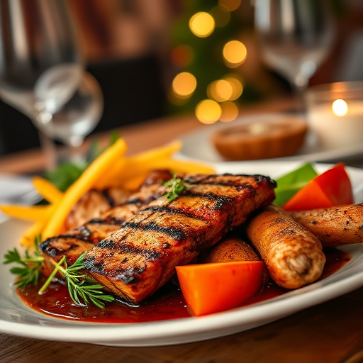 Create a high-resolution image of a beautifully plated gourmet dish featuring grilled meat, accompanied by vibrant side vegetables, with a softly blurred festive background, taken with a DSLR camera using a 50mm lens at f/1.8, ISO 200, shutter speed 1/100s, in natural light to enhance the warm ambiance and details of the food.