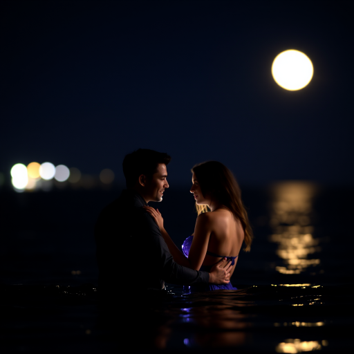 create a serene night scene depicting a couple embracing in the water under a full moon, using a DSLR camera with a 50mm lens, aperture f/1.8, ISO 100, shutter speed 1/200s, capturing a soft focus effect and vivid colors with a slight bokeh in the background.
