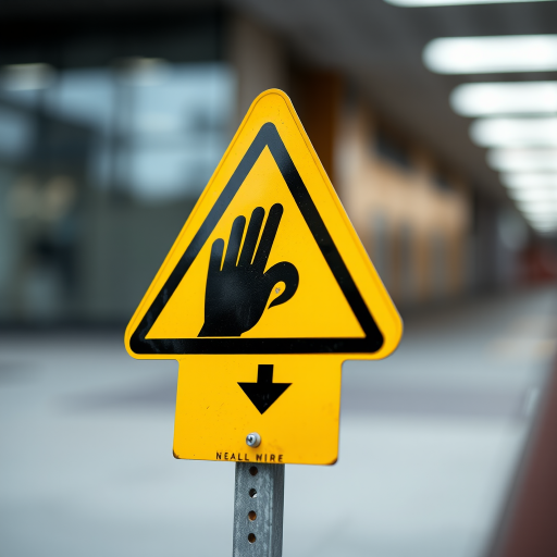Create a high-resolution image of a yellow triangular warning sign featuring a black hand and downward arrow icon, using a DSLR camera with a shallow depth of field at f/2.8, ISO 100, 1/200 sec exposure, shot from a frontal view with soft lighting to enhance clarity and detail.