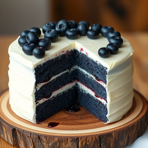 A beautifully layered cake with dark blue sponge cake and creamy frosting visible from the cut side, topped with fresh blueberries, placed on a wooden cake stand, with some berry filling oozing out slightly.