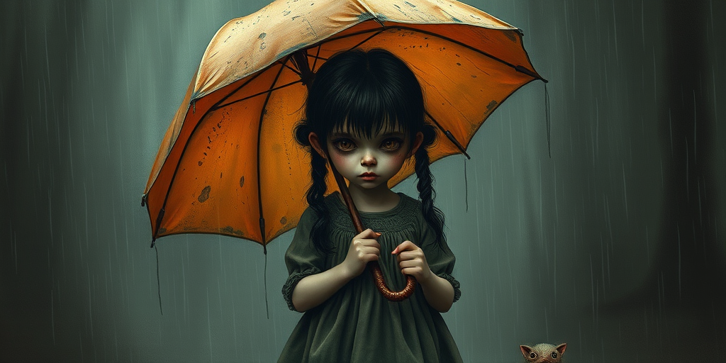 An eerie, weird little girl with dark hair in thin pigtails, wearing a smock dress, standing in the rain, holding a dirty orange umbrella, a small, odd creature beside her. In a surreal style inspired by Nicoletta Ceccoli and Brian Froud. Dark fantasy themes