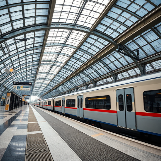 high-resolution image of a modern train at a sleek, contemporary train station with an intricate glass ceiling, shot with a Canon EOS R5, f/8 aperture, ISO 100, 24mm focal length, wide-angle perspective, natural lighting for enhanced contrast and detail