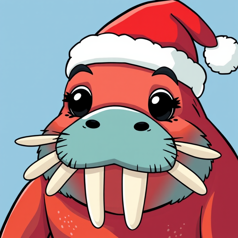 Create a vibrant and cheerful illustration of a cartoon walrus wearing a Santa hat, featuring bright colors and bold outlines, with a focus on the eyes and tusks, shot with a Canon EOS R5 at ISO 100, f/2.8, 1/200s, in a close-up perspective for high detail and clarity.