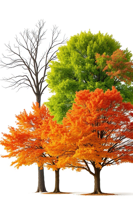 Create an image of four trees representing different seasons: a bare winter tree, a lush green summer tree, a full autumn tree with orange leaves, and a spring tree with budding leaves, taken with a DSLR camera at f/8 aperture, 50mm lens, soft natural lighting, high resolution.