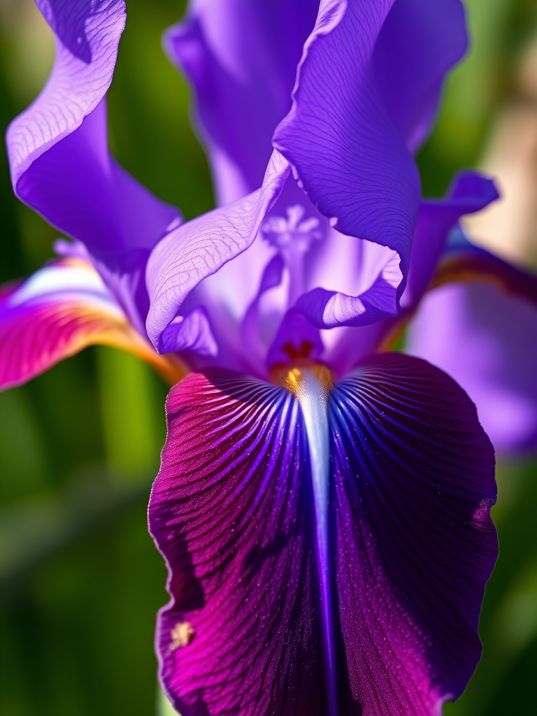 macro shot of a vibrant purple iris flower with detailed texture and colors, aperture f/2.8, shutter speed 1/250s, ISO 100, 50mm lens, soft natural lighting, DSLR camera