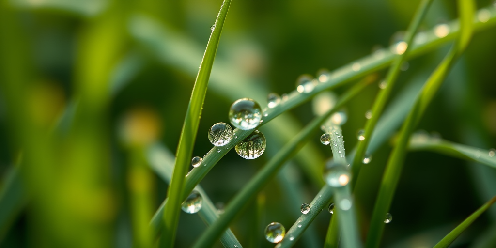 macro shot of dewdrops on green grass blades, f/1.8 aperture, 1/250 sec shutter speed, ISO 100, natural light, shallow depth of field, DSLR camera, soft focus background