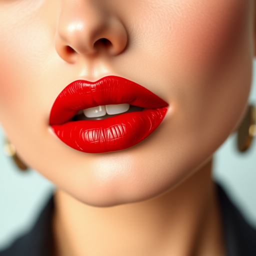 Elegant woman lips showcasing a classic red satin lipstick, timeless and sophisticated, full and symmetrical, embodying confidence and glamour