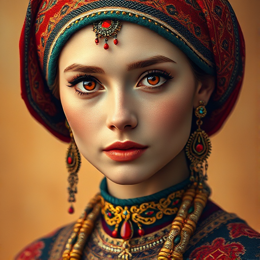 Create a portrait of a beautiful Kyrgyz woman with striking red eyes and a gentle expression. She is adorned in traditional attire with intricate patterns, including a richly embroidered headscarf and matching garments. Her jewelry includes a delicate headpiece, dangling earrings, and ornate bracelets, all featuring vibrant gemstones and detailed metalwork. The background is soft and warm, enhancing the rich colors of her outfit and jewelry.