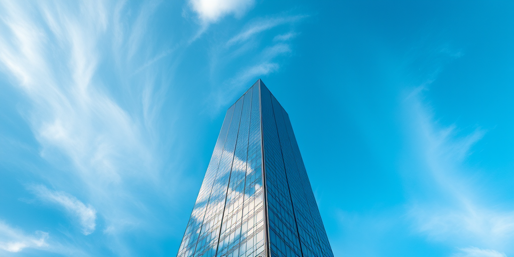 high-resolution photograph of a modern skyscraper from a low angle view with a clear blue sky and soft clouds, using a DSLR camera, aperture f/8, ISO 100, 24mm focal length, HDR style for enhanced details and dynamic range