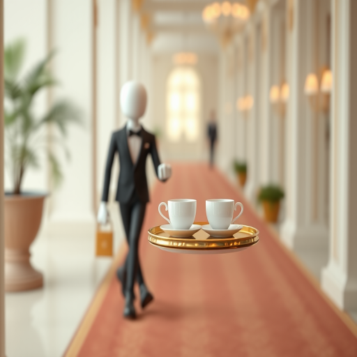 Create a 3D rendered image of a humanoid figure in a tuxedo walking while carrying a tray with two tea cups, using a shallow depth of field, aperture f/2.8, 50mm lens, high dynamic range, and soft lighting to enhance image quality.