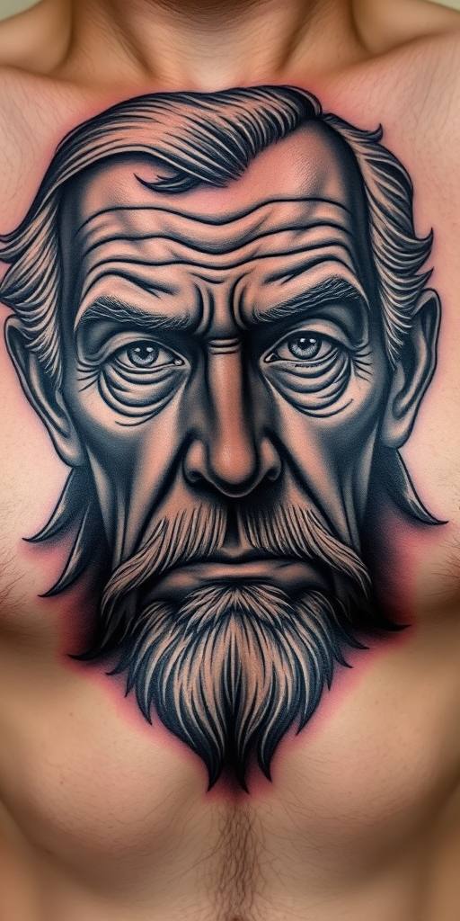 Realistic grayscale portrait tattoo of a wise elderly face with deep wrinkles and piercing eyes, expertly shaded to capture every detail and emotion, placed on the chest as a powerful statement piece