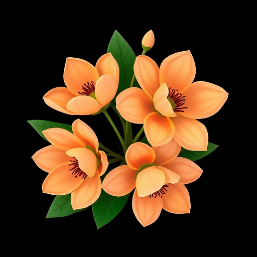 create an illustration of four stylized flowers with peach petals and green leaves on a black background, using a DSLR camera with a 50mm lens, aperture set to f/2.8, ISO 100, shallow depth of field, and vibrant color enhancement, capturing the floral arrangement from a slightly elevated angle for a more dynamic perspective