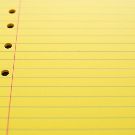 Create an image of a slightly tilted yellow lined notebook paper with perforation holes, shot with a Canon EOS 5D Mark IV at f/4, ISO 100, 50mm lens, using natural daylight for a clean and vibrant appearance.