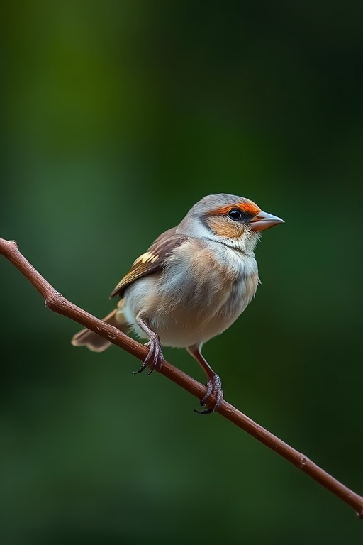 regenerate an image of a finch perched on a branch with a blurred green background, shot with a Canon EOS 5D Mark IV, 85mm lens, aperture f/2.8, ISO 400, shutter speed 1/200s, with a shallow depth of field for enhanced clarity and detail on the bird.