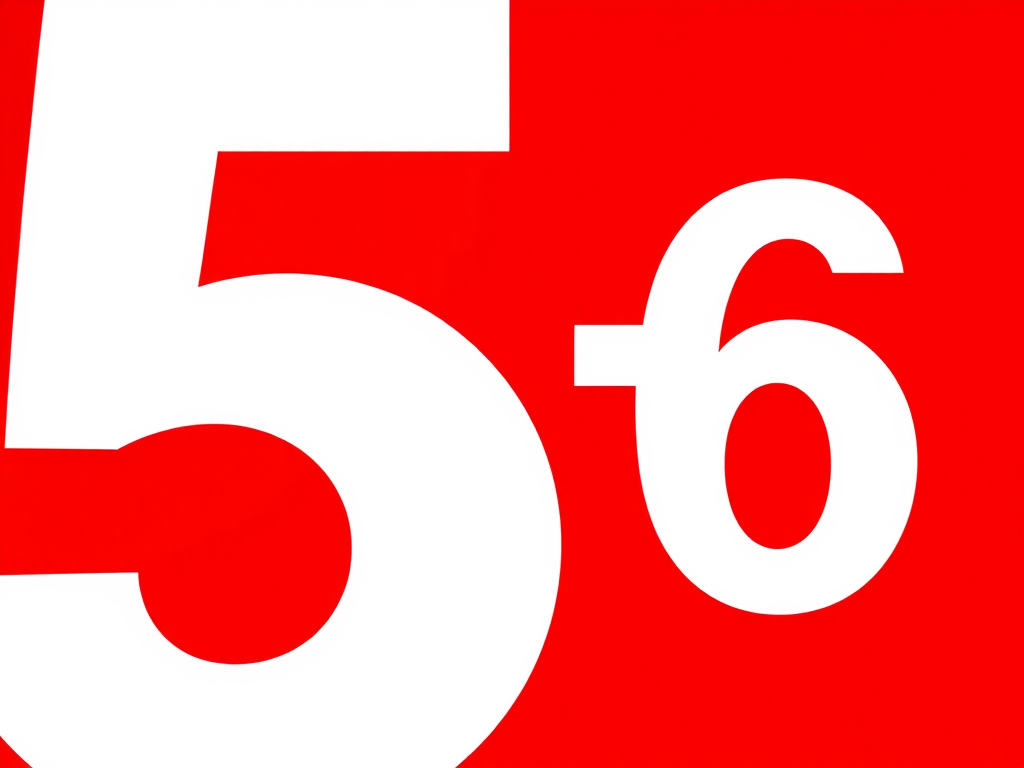 Create a high-resolution image of the number 5 in large white font on a bright red background, using a DSLR camera with a focal length of 50mm, aperture set to f/2.8, ISO 100, and taken from a frontal view to enhance clarity and depth.