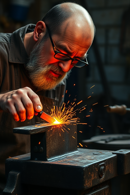 Sharp, detailed image of a blacksmith forging a glowing piece of metal, sparks flying from the anvil, with soft light illuminating the sweat on his brow and worn tools scattered around the workshop.