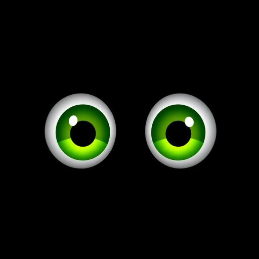 Create a high-resolution digital illustration of large, bright green cartoon eyes against a solid black background, using a Canon EOS 5D Mark IV camera with a 50mm f/1.8 lens, aperture set to f/1.8, ISO 100, and a shallow depth of field to enhance visual clarity and softness around the edges.