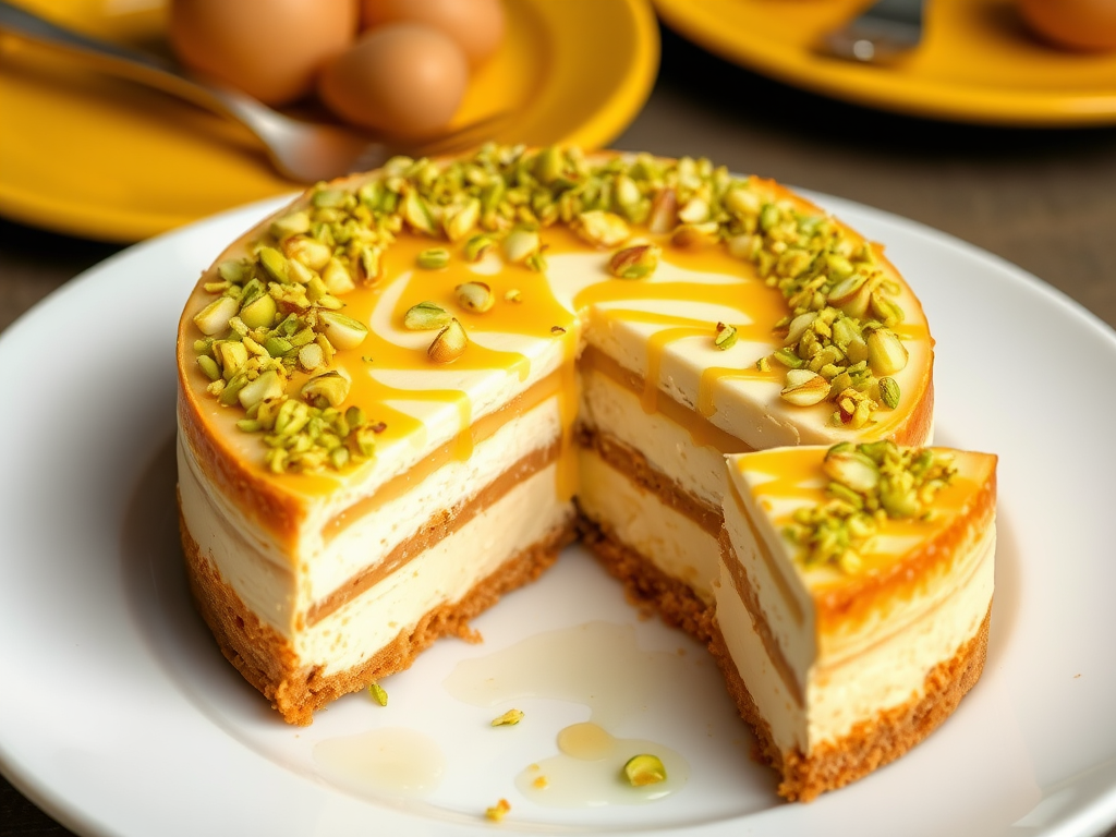 Create an image of a delicious layered cheesecake with a golden crust topped with crushed pistachios and a drizzle of honey served on a white plate with a slice cut out revealing the creamy layers inside and a vibrant yellow plate in the background.