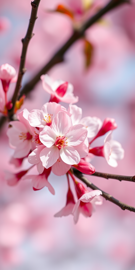 high-resolution close-up of pink cherry blossoms on a branch with soft-focus background, f/2.8 aperture, 1/200s shutter speed, ISO 100, 50mm lens, DSLR camera, natural light