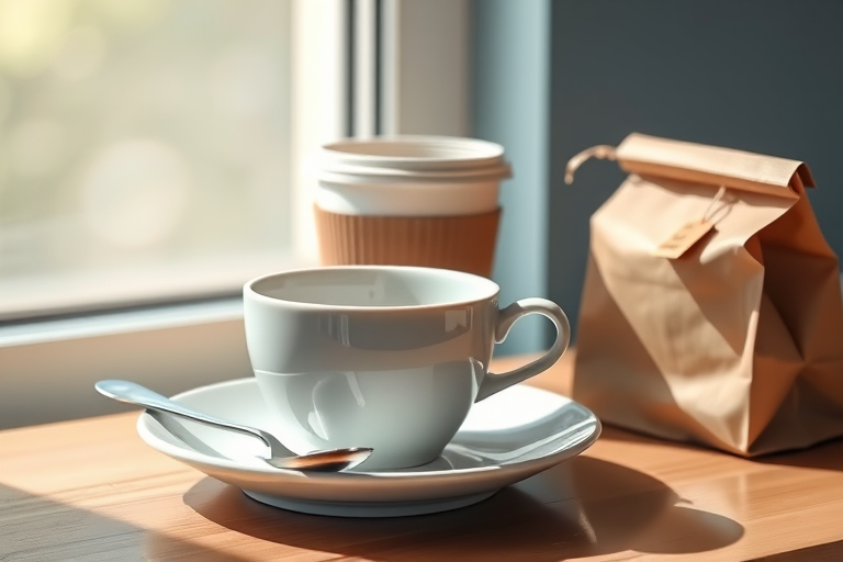 Create a high-resolution illustration of a ceramic tea cup on a saucer, a silver spoon beside it, a takeout coffee cup with a cardboard sleeve, and a brown paper bag with a tea bag hanging out, capture in soft natural light, using a Canon EOS 5D Mark IV with a 50mm lens, aperture f/2.8, ISO 100, and a shallow depth of field for a refined look.