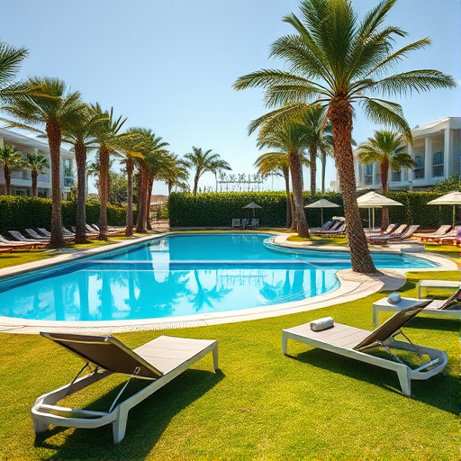 A luxurious poolside scene with sun loungers arranged on a lush green lawn surrounded by palm trees, captured in bright daylight with a shallow depth of field, using a Nikon D850 camera, 35mm lens, f/2.8 aperture, ISO 100, and a wide angle view to enhance image quality.