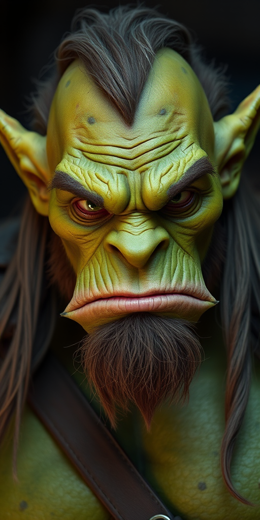 Create a highly detailed portrait of a muscular green-skinned ogre with pointed ears and long hair, using a shallow depth of field; camera settings: f/1.8 aperture, ISO 100, 85mm lens; camera view: frontal close-up; camera style: cinematic lighting; camera type: DSLR.