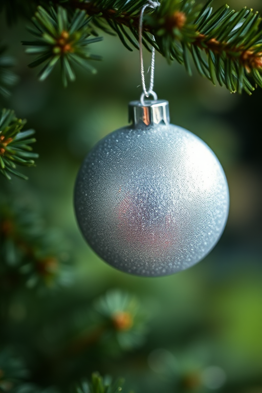 silver glitter Christmas ornament hanging from evergreen branch with green blurred background, aperture f/2.8, shutter speed 1/125 sec, ISO 100, macro lens, natural lighting, focused on the ornament