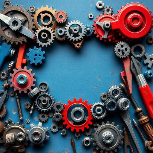Create a heart-shaped border using various mechanical gears and tools, ensuring a vibrant color palette with shades of blue, red, and gray, shot with a Canon EOS R5 at f/8, ISO 200, 50mm lens, in natural light with a shallow depth of field.