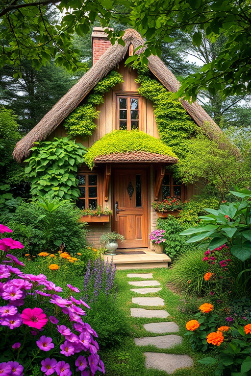 generate a picturesque cottage surrounded by lush greenery and vibrant flowers, captured with a Canon EOS R5, 35mm lens, f/2.8 aperture, ISO 100, soft natural lighting, wide-angle view, focusing on intricate details and textures