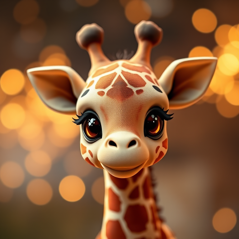 Create an image of a cute cartoon baby giraffe character with big sparkling eyes, surrounded by a magical atmosphere with soft glowing lights, shot with a Canon EOS R5 camera, 50mm lens, f/1.8 aperture, ISO 100, in a soft focus with a bokeh effect in the background and a warm color palette.