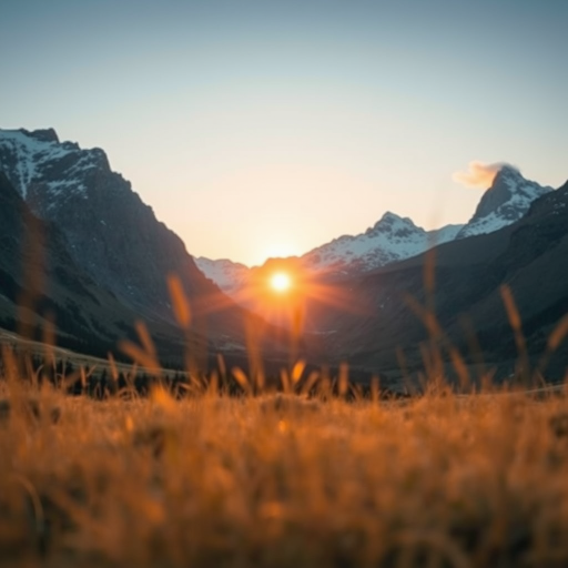 mountain landscape during sunrise with snow-capped peaks and golden grass in the foreground, shot with a Canon EOS 5D Mark IV, 24mm lens, aperture f/11, ISO 100, shutter speed 1/125s, soft focus style, wide-angle view