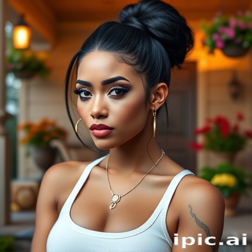 A photo of Nicki Minaj with a background of a cozy porch. She has dark hair pulled back in an updo, with tendrils framing her face. She wears a white tank top and sits on the porch. The porch is part of a well-lit home with a warm, earthy tone and colorful flowers and foliage. The overall scene has a warm, welcoming, and comfortable ambiance.