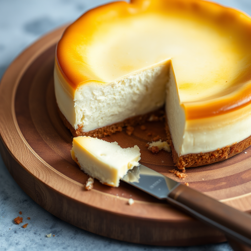 Create an image of a creamy cheesecake with a golden brown crust placed on a wooden serving board. The cheesecake should have a slice cut out, revealing its smooth texture inside. Include a knife resting beside the cheesecake and some crumbs scattered around. The background should be softly blurred to keep the focus on the cheesecake.