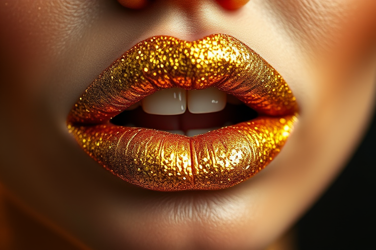 Glittery gold lips that sparkle and shine, catching the light with every movement, creating a glamorous and eye-catching focal point