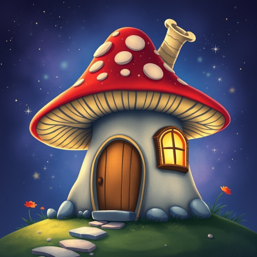 create illustration of a mushroom house with a door and a window, a storybook , fantasy art, mushroom house, bg starry sky, sparkles