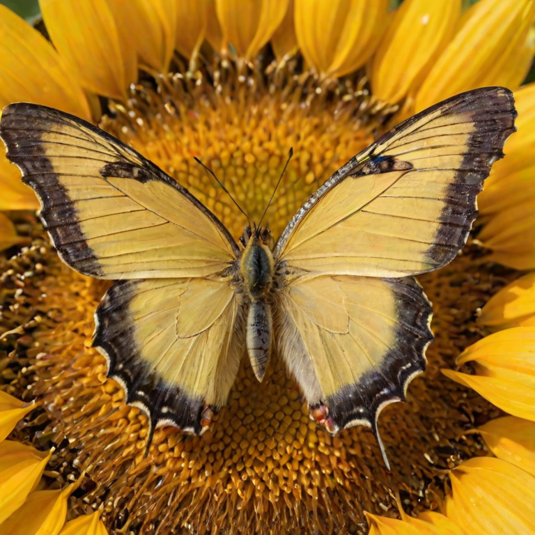 Sharp, detailed close-up of a butterfly resting on a bright yellow sunflower, soft light illuminating its delicate wings, with tiny details of pollen visible on the flower's center.