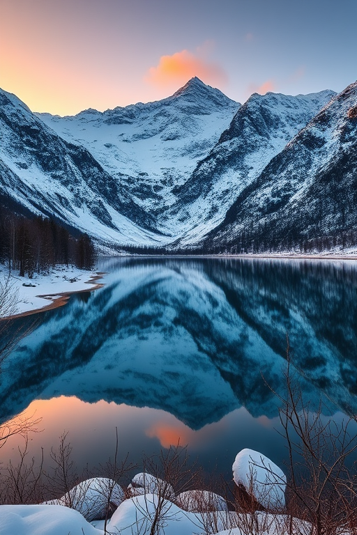 Capture a breathtaking winter landscape at dawn with snow-covered mountains and a calm lake reflecting the scenery, using a Canon EOS R camera, 24mm lens, f/11 aperture, ISO 100, shutter speed 1/125s, wide-angle view, and HDR style for enhanced detail and color vibrancy.