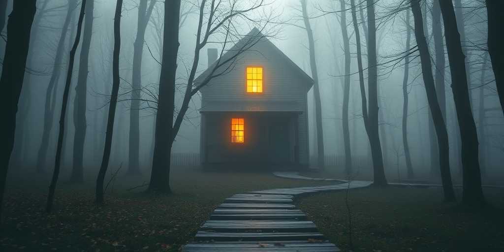 Generate a misty forest scene with a creepy house illuminated by a single yellow window, a wooden pathway leading to the house, soft focus, taken with a DSLR camera at f/2.8, ISO 400, 30mm focal length, natural light, shot from a low angle to enhance depth and atmosphere.