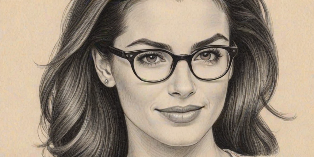 Graceful Meghan Ory, pencil sketch, portrait of Charming woman 1949s in glasses, hair style beatnik, outline, clear lines, fine lines, 8k