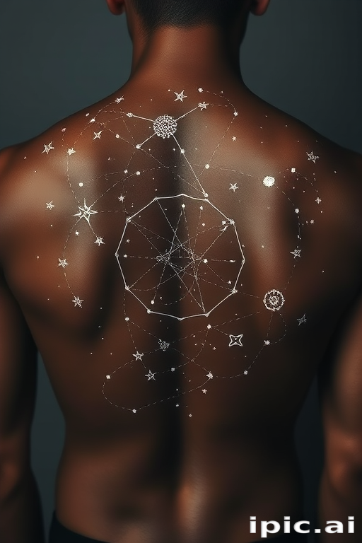 Ethereal white ink constellation tattoo, "Celestial Cartography," mapping out intricate star patterns and zodiac symbols using delicate white ink on darker skin tones, creating a subtle yet magical effect that seems to glow under certain lights, ideal for the back or chest