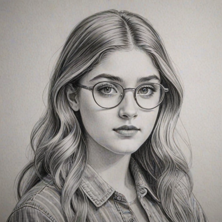 Gorgeous Willow Shields, pencil sketch, portrait of Sublime woman 1963s in glasses, hair style beatnik, outline, clear lines, fine lines, 8k