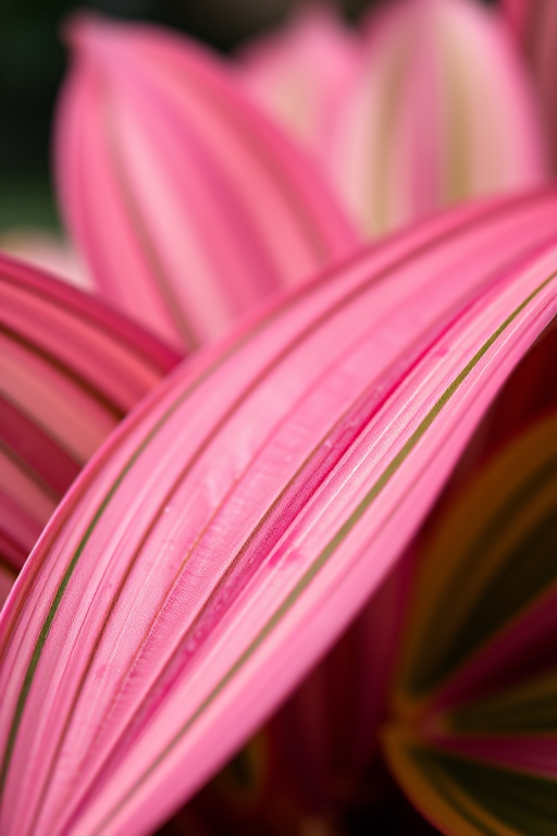 Close-up of a pink and green striped leaf arrangement, soft focus background, using a macro lens, aperture f/2.8, shutter speed 1/100s, ISO 200, shot with a DSLR camera from a low angle for enhanced depth and detail.