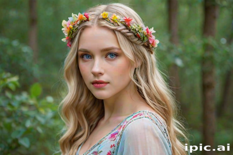 Create an image of a young woman with long, wavy blonde hair, adorned with small, colorful flowers woven into her braids and loose strands. Her complexion is fair, with soft, glowing skin, and she has light blue eyes that gaze softly at the viewer. She wears a light, flowing dress with a gentle, ethereal quality, complementing her delicate and serene appearance. The background is slightly blurred, drawing focus to her tranquil expression and the intricate details of the flowers in her hair. The overall mood of the image is one of natural beauty and grace, evoking a sense of peacefulness and connection with nature.