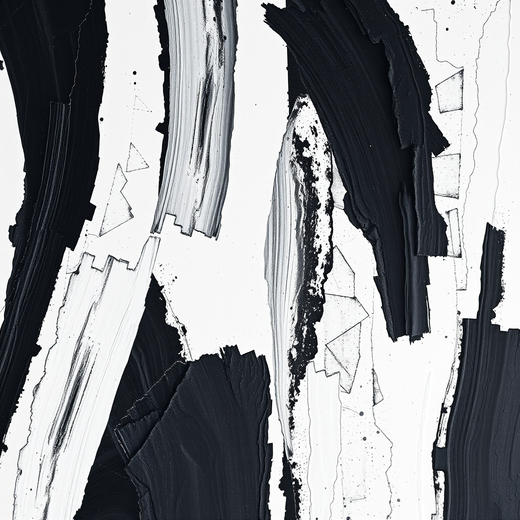 Create a high-resolution image of abstract black and white artwork featuring bold brush strokes and textured surfaces, captured with a DSLR camera at f/8 aperture, ISO 100, 1/250s shutter speed, using an overhead view with soft diffused lighting.