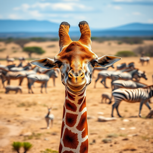 Capture a close-up shot of a giraffe in a dry savanna landscape with a herd of zebras in the background, using a DSLR camera with a 50mm lens, aperture f/2.8 for shallow depth of field, ISO 200 for optimal light, and a landscape orientation for vibrant color contrast.