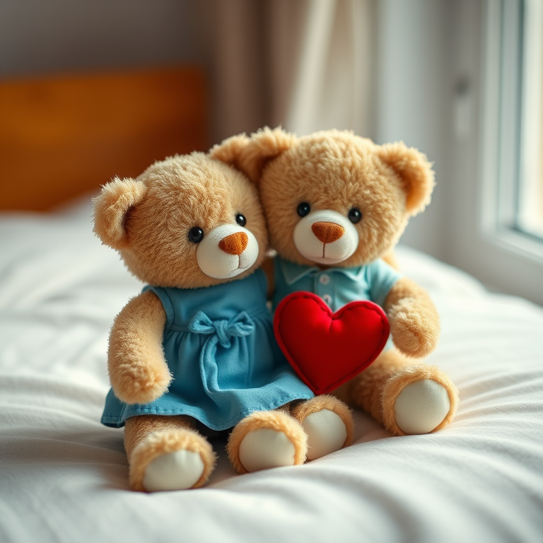 Create an image of two teddy bears sitting on a soft surface, one wearing a blue dress and the other in a light blue shirt, both holding a broken red heart; use a shallow depth of field with a 50mm lens, f/1.8 aperture, 1/125s shutter speed, and natural soft lighting from a window, capturing a warm, emotional atmosphere.