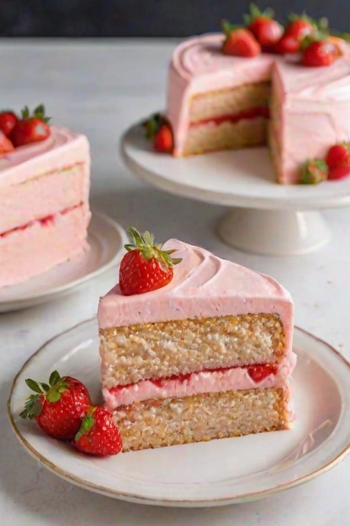 Generate an image of a slice of pink strawberry cake on a white plate. The cake is layered and has a smooth frosting, with a whole strawberry placed next to the slice. In the background, there is a whole cake with a light pink frosting and some fresh strawberries on top. The setting is bright and inviting, with soft lighting.