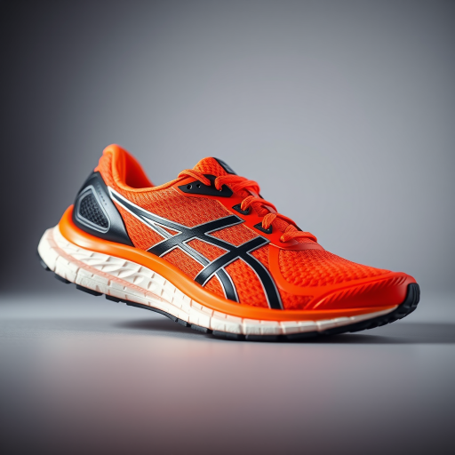 Create a high-resolution image of a vibrant orange running shoe with black and silver accents, using a DSLR camera at f/4 aperture, 1/200 sec shutter speed, ISO 200, in an angled side view, with a studio lighting setup to enhance colors and texture.