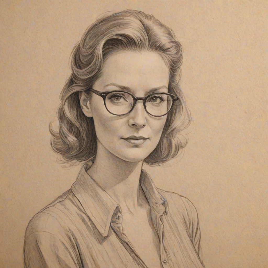 Fascinating Sandra Lee, pencil sketch, portrait of Delightful woman 1923s in glasses, hair style beatnik, outline, clear lines, fine lines, 8k